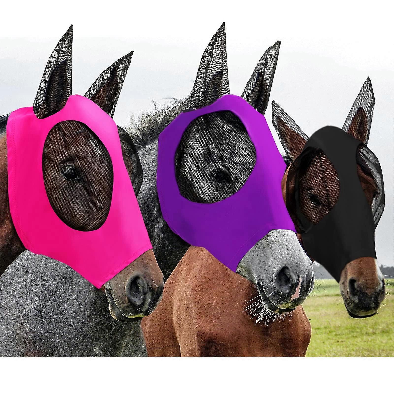 Horse Fly Masks with Ears - 3 Pcs Smooth Elastic UV Protection, Size M in Purple, Pink, Black Colors