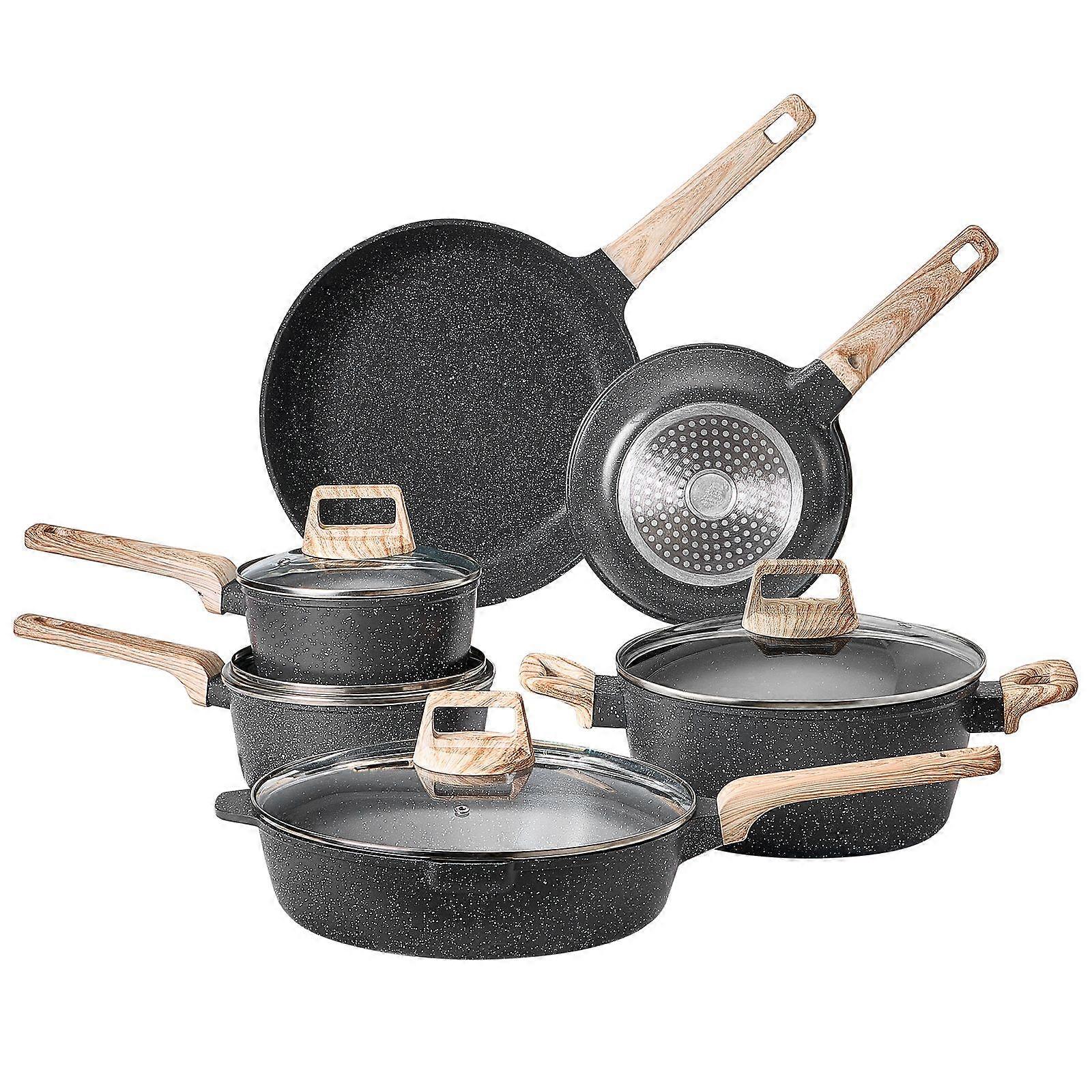 17 Piece Pots and Pans Set Nonstick, Granite Cookware Set, Induction Cookwares, Kitchen RV Cooking Sets, Black