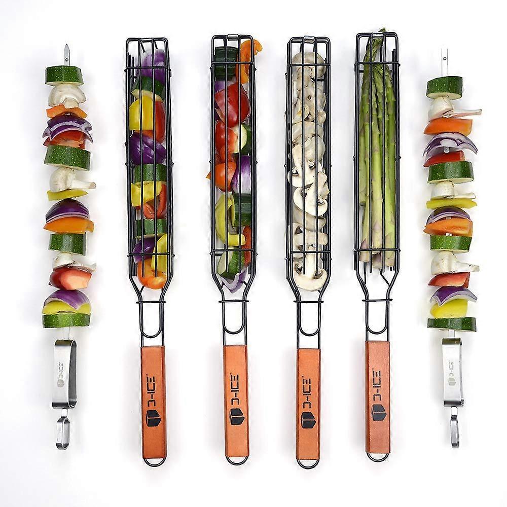 Kebab Grilling Basket Set of 4 with 2 Stainless Steel BBQ Skewers for Easy Kabob Cooking and Grilling