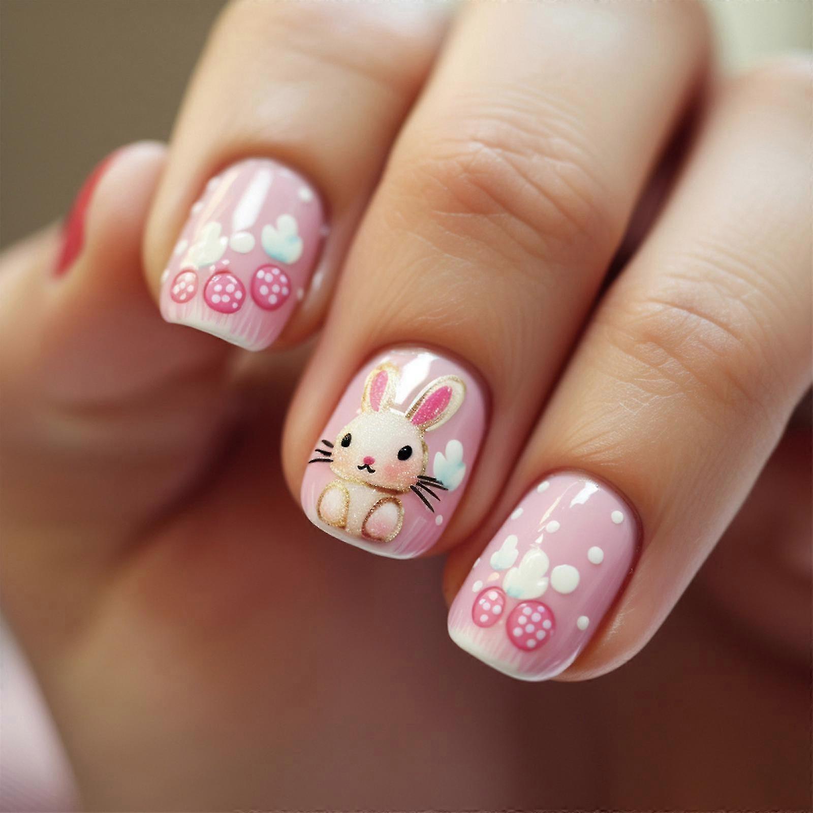 Easter False Nails 24 Pcs Cute Bunny Eggs Clouds Red And Pinks Color