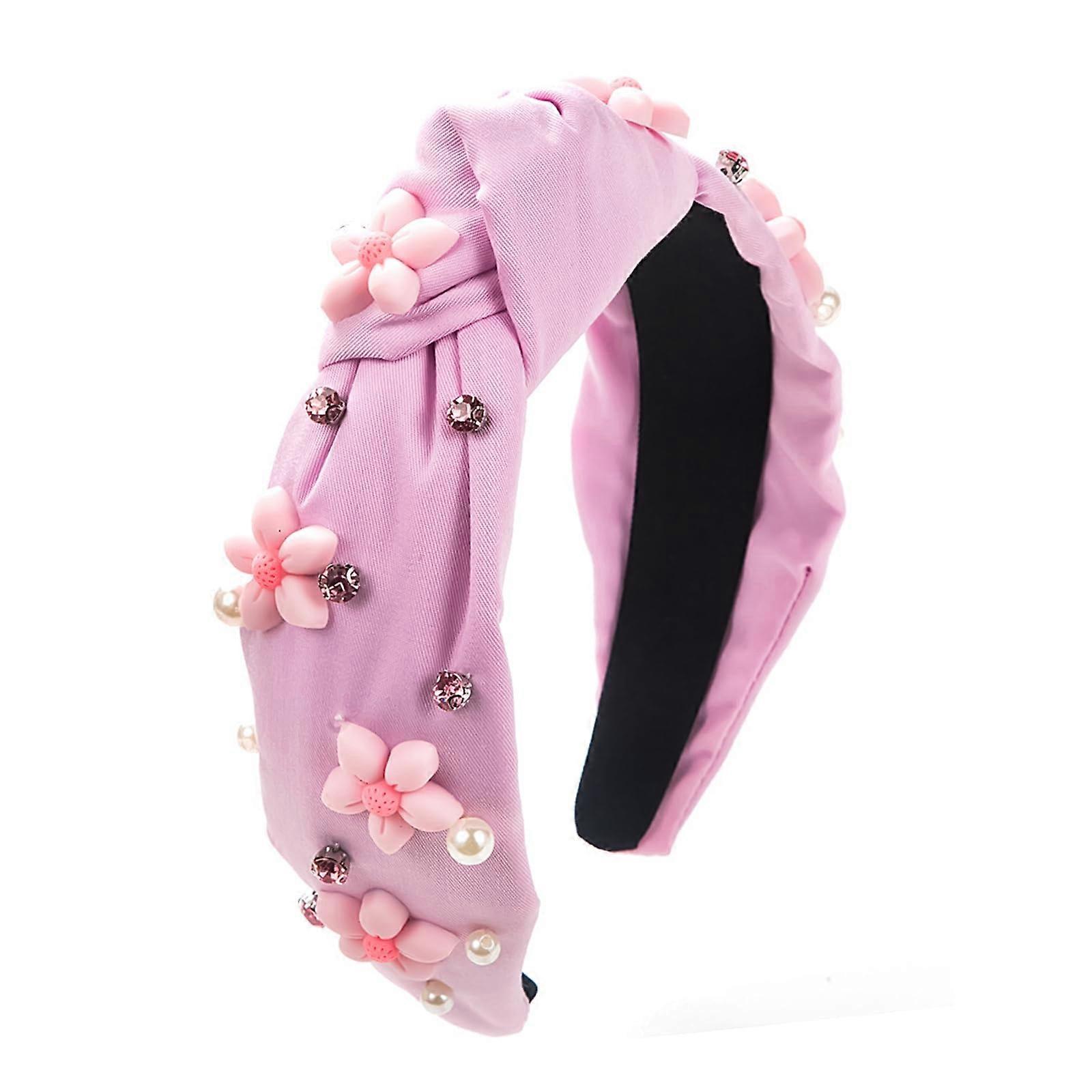 Rhinestone Knotted Headband for Women, Pink Flower Hair Hoop with Sparkly Pearls and Beaded Details, Fashion Accessory
