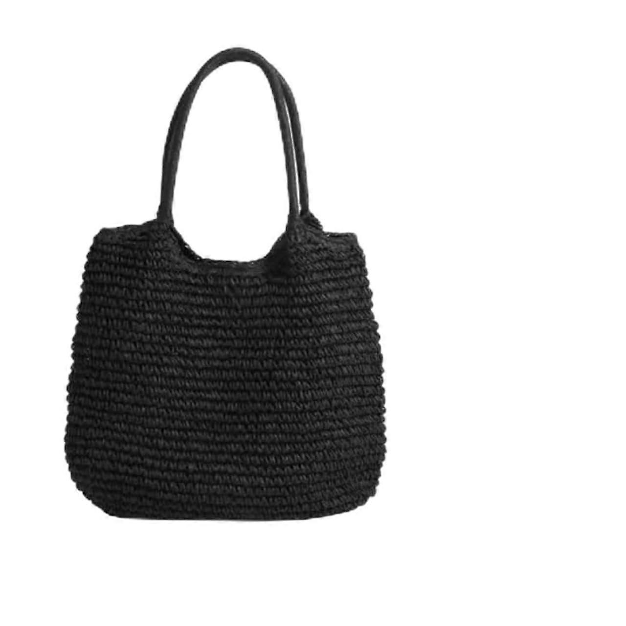 Large Straw Tote Handbag, Black Woven Bag, Beach 18.5 x 14.57 inches