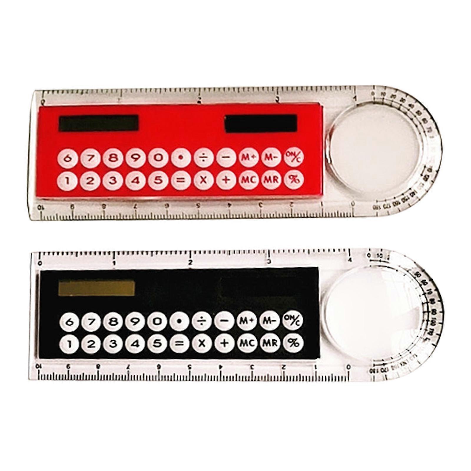 2 Pcs 4-in-1 Calculator with Ruler, Magnifier and Protractor, Multifunctional Solar Calculator with Ruler and Protractor  Black and red