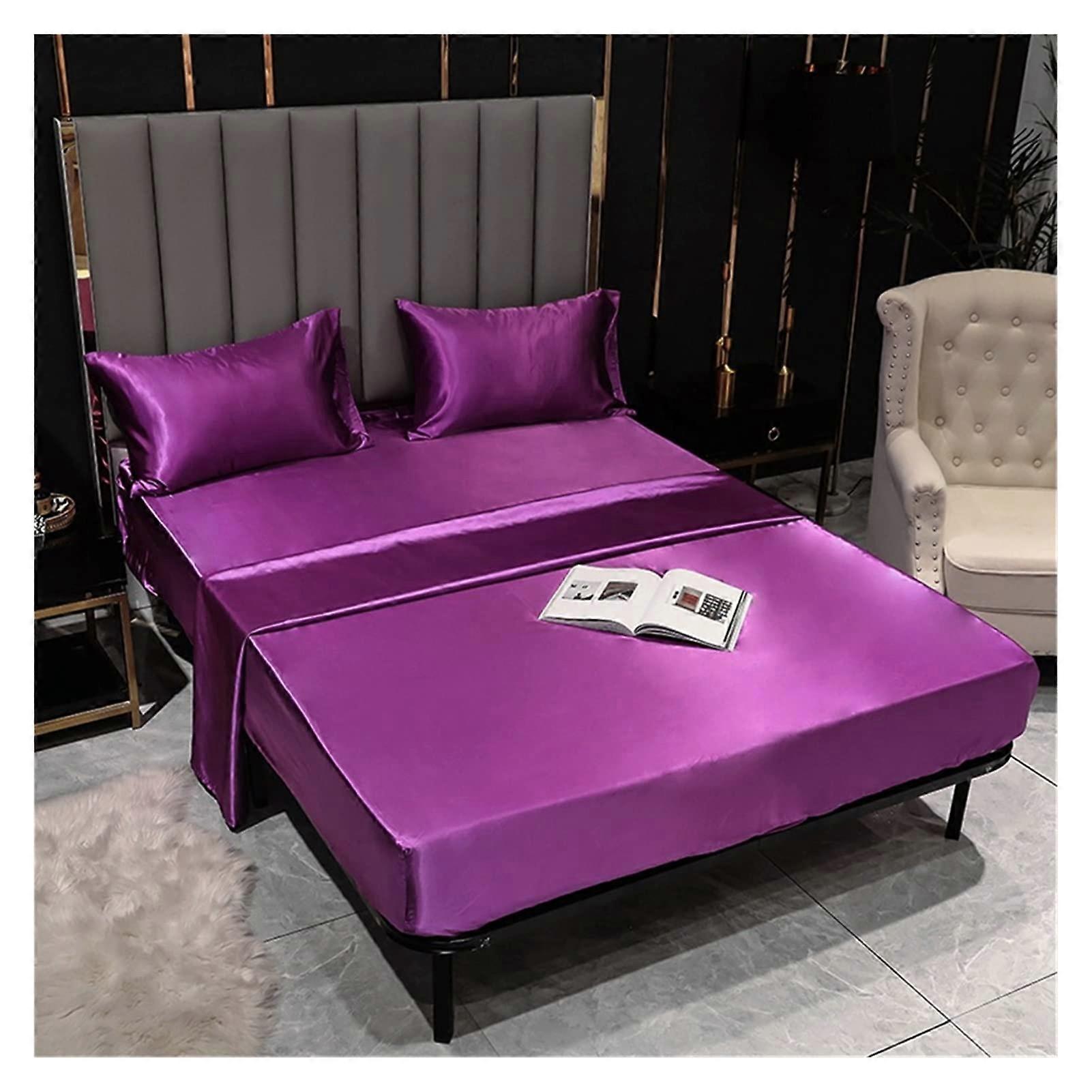 Silk fitted sheet with elastic band, nonslip, adjustable for King bed (198x203x40cm) Violet