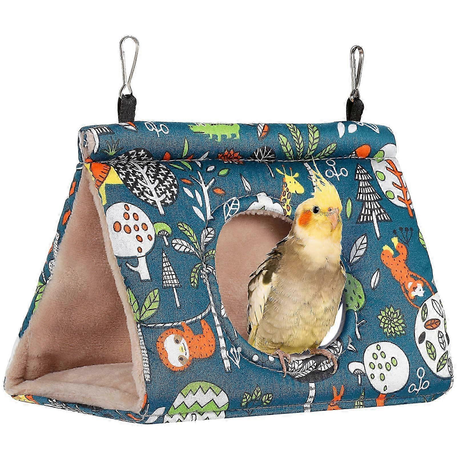 Winter Warm Bird Nest House, Plush Fluffy Shed Hut Hanging Hammock for Finch Cage (M-25x14x15cm Blue)