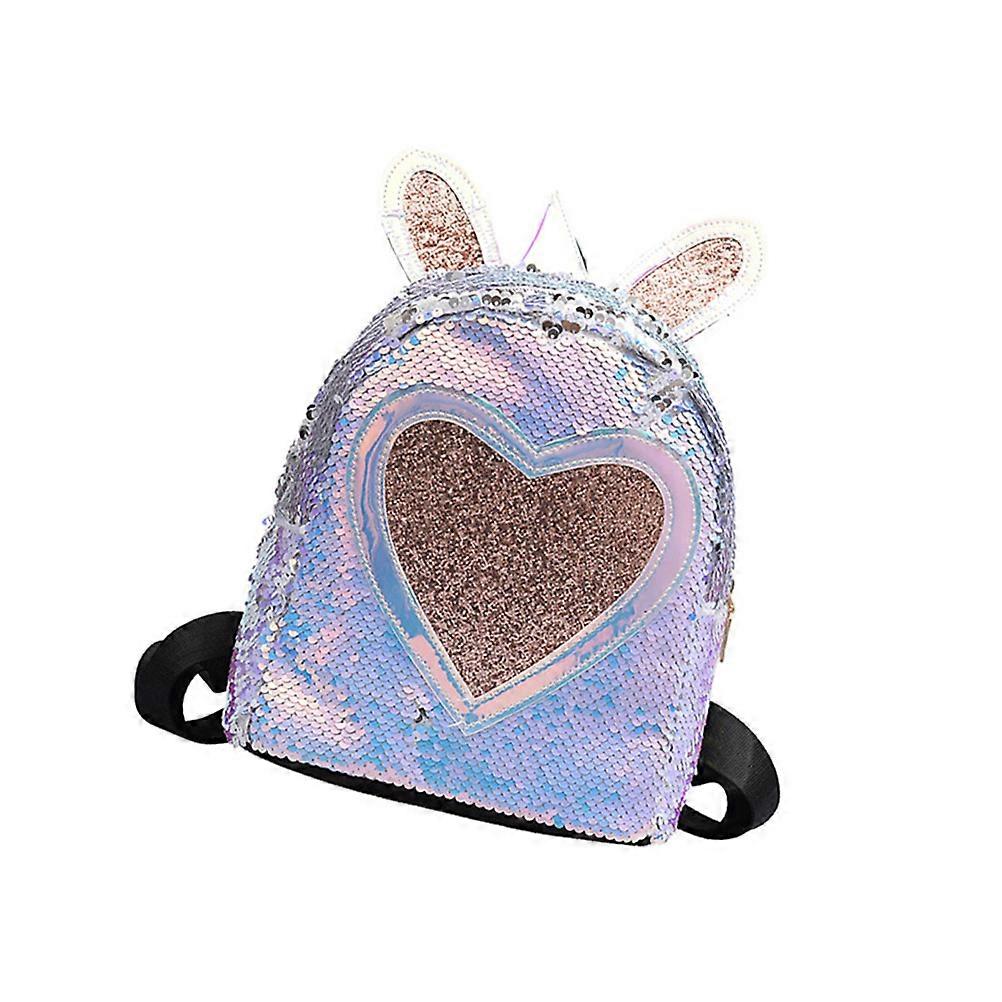 Girls Sequin Backpack Heart Shape Rabbit Ear Design Light Blue Casual Use For Daily Essentials 1Pcs