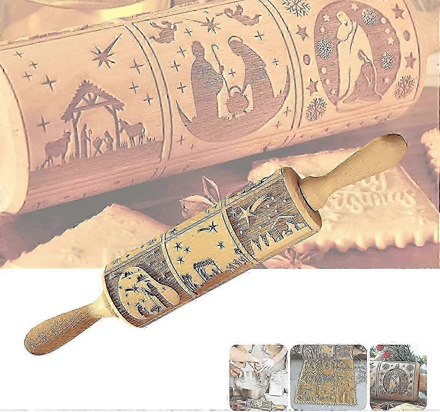 Christmas Embossed Rolling Pin Embossing Rolling Pin Nativity Pattern43*4CM