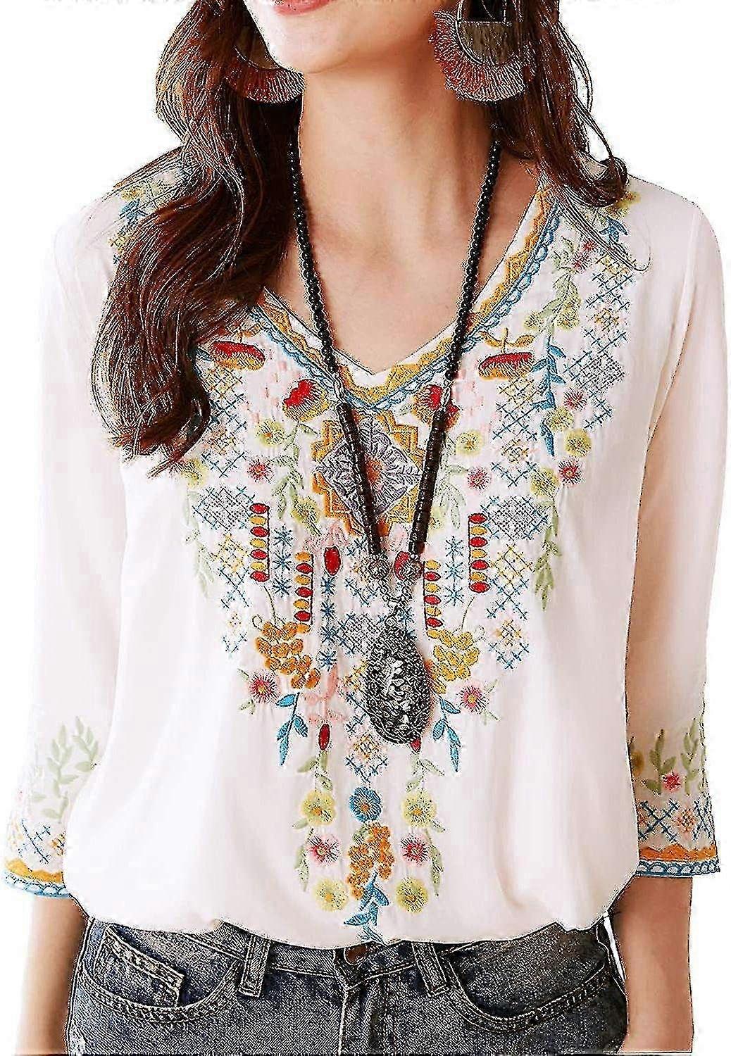 Kadınlar Için Meksika İşlemeli Gömlek Boho Üstler Ve Bluzlar 3/4 Kollu Bohem Köylü Yaz Güz T