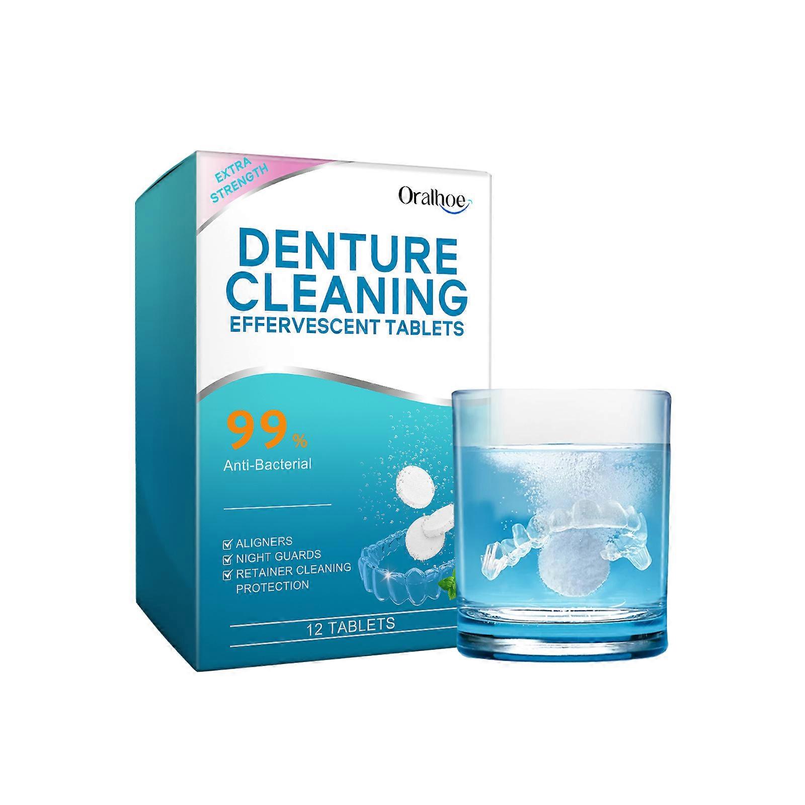 Effervescent Denture Cleaning Tablets - Deep Clean & Freshen in 15 Minutes, Safe & Gentle, Easy Dissolution, Prevents Bacteria & Odors, 12 Pack