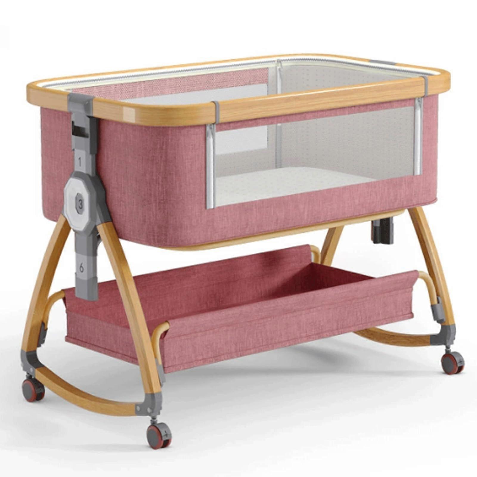 Baby bassinet night sleeper simple foldable portable crib removable chair with mattress storage basket (wood grain) set3 pink