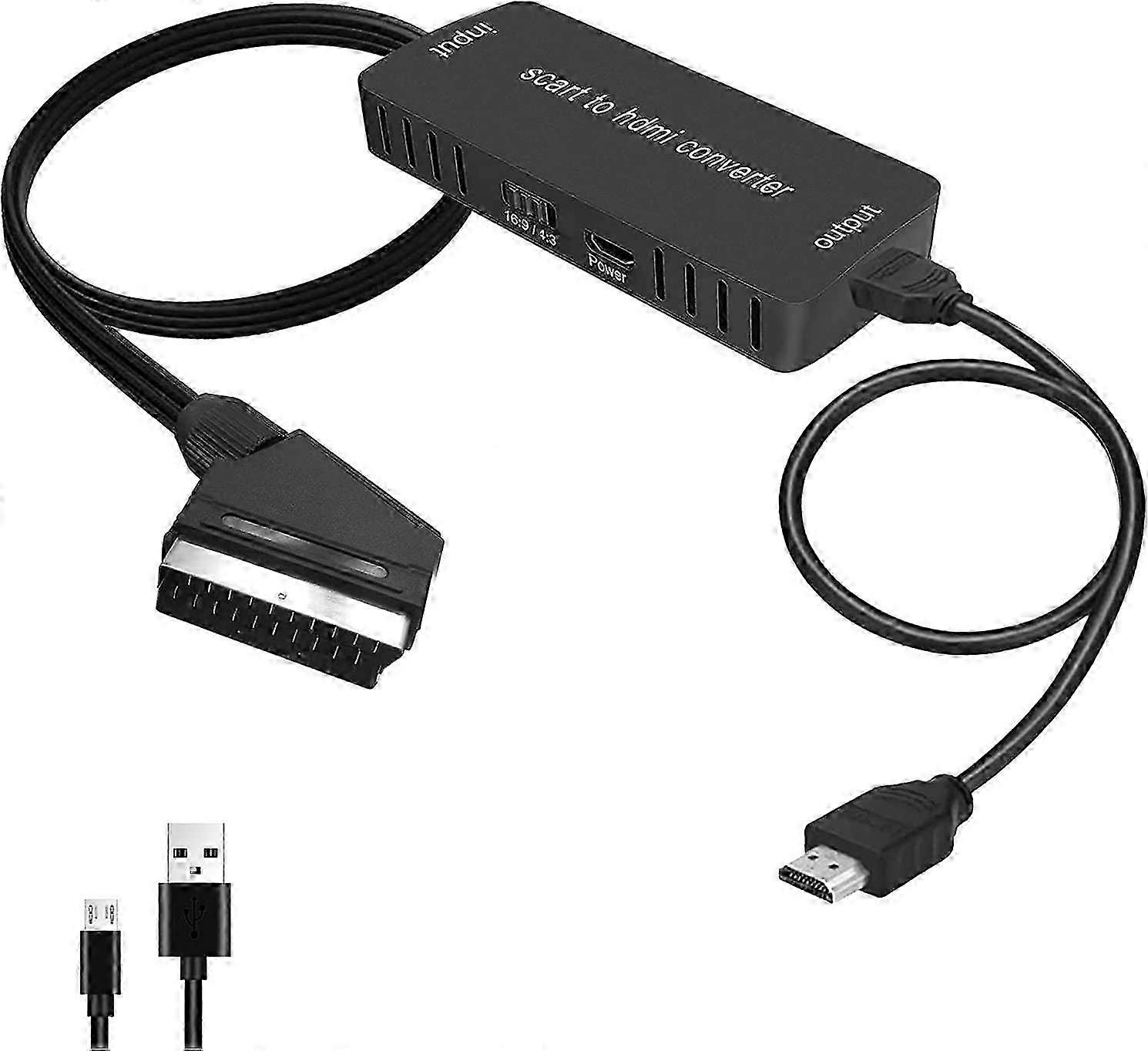 Scart to HDMI Converter, Scart Input HDMI Output 16: 9/4: 3 Audio Video Adapter with HDMI Cable for HDTV Monitor Projector STB VHS Xbox PS3 Sky Blu-Ra