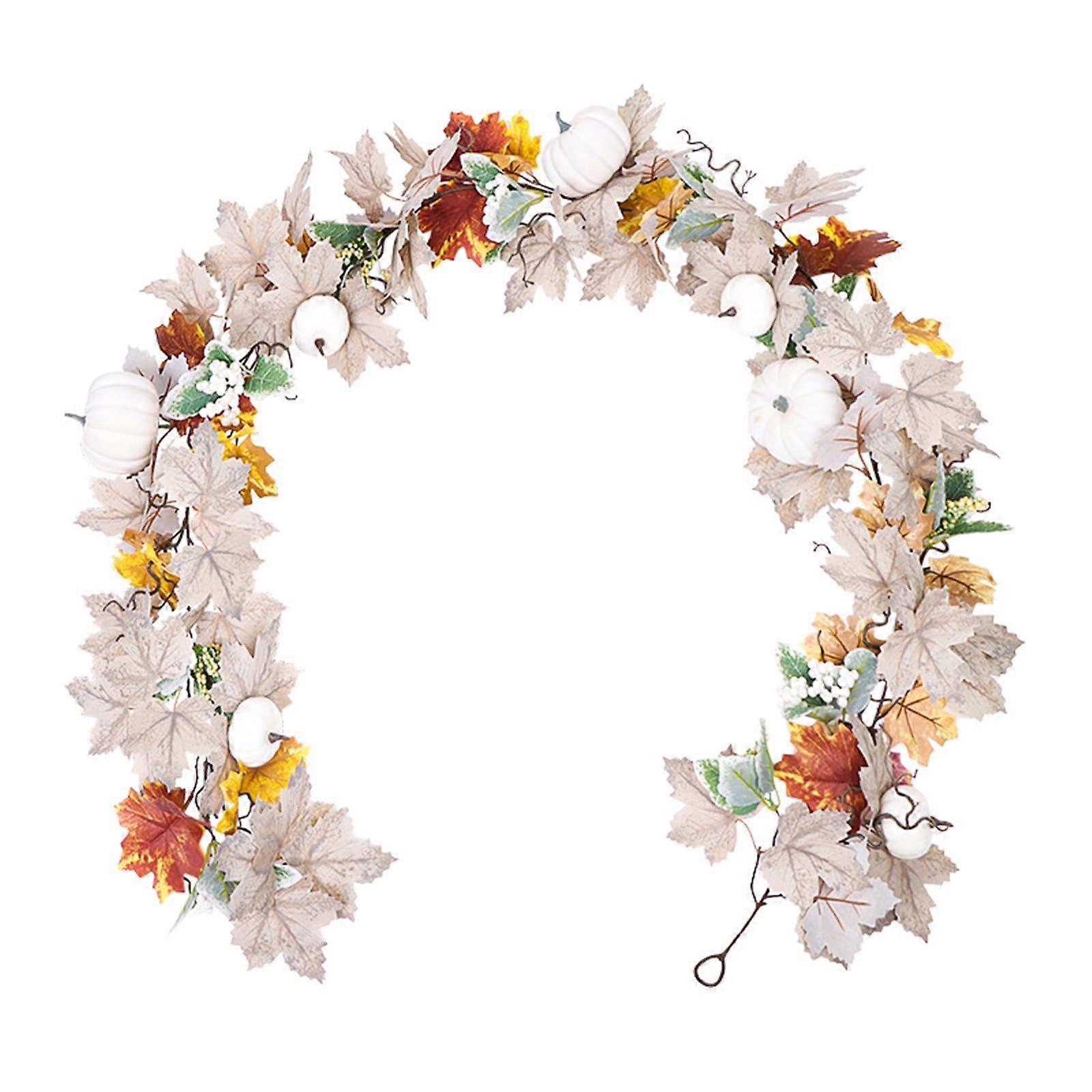 2m Artificial Fall Maple Leaf Garland with White Pumpkins and Berries for Halloween and Thanksgiving Home and Table Decor