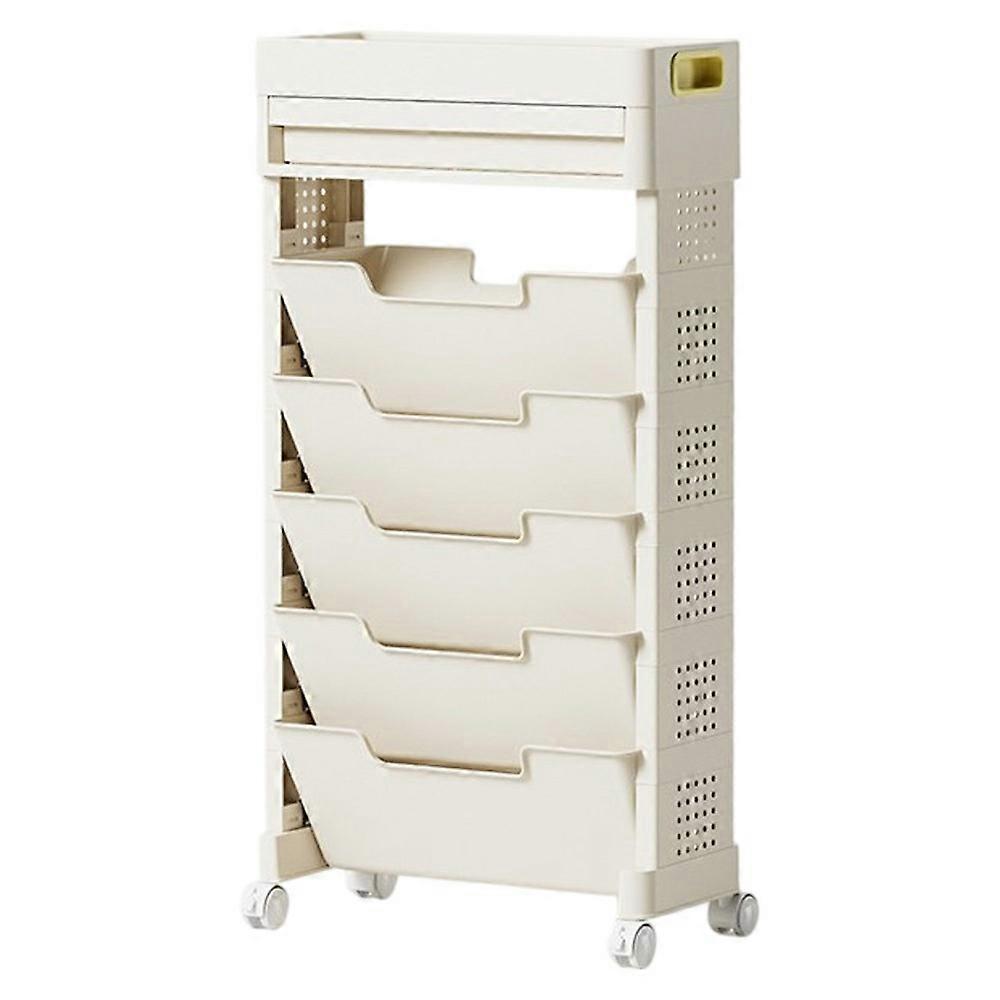 5-Tier Movable Classroom Desk Side Book Storage Rack PP Stationery Organizer with Drawer and Wheels