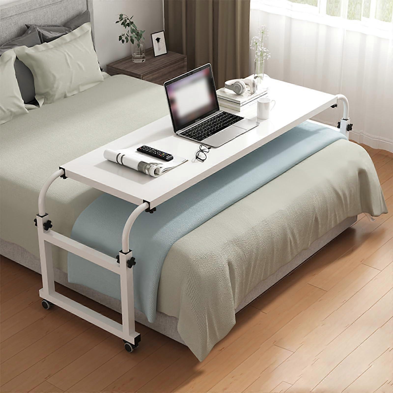 Adjustable hospital table with lockable wheels, height 65 cm, 95 cm, cross base (Color: W) White 140*44cm