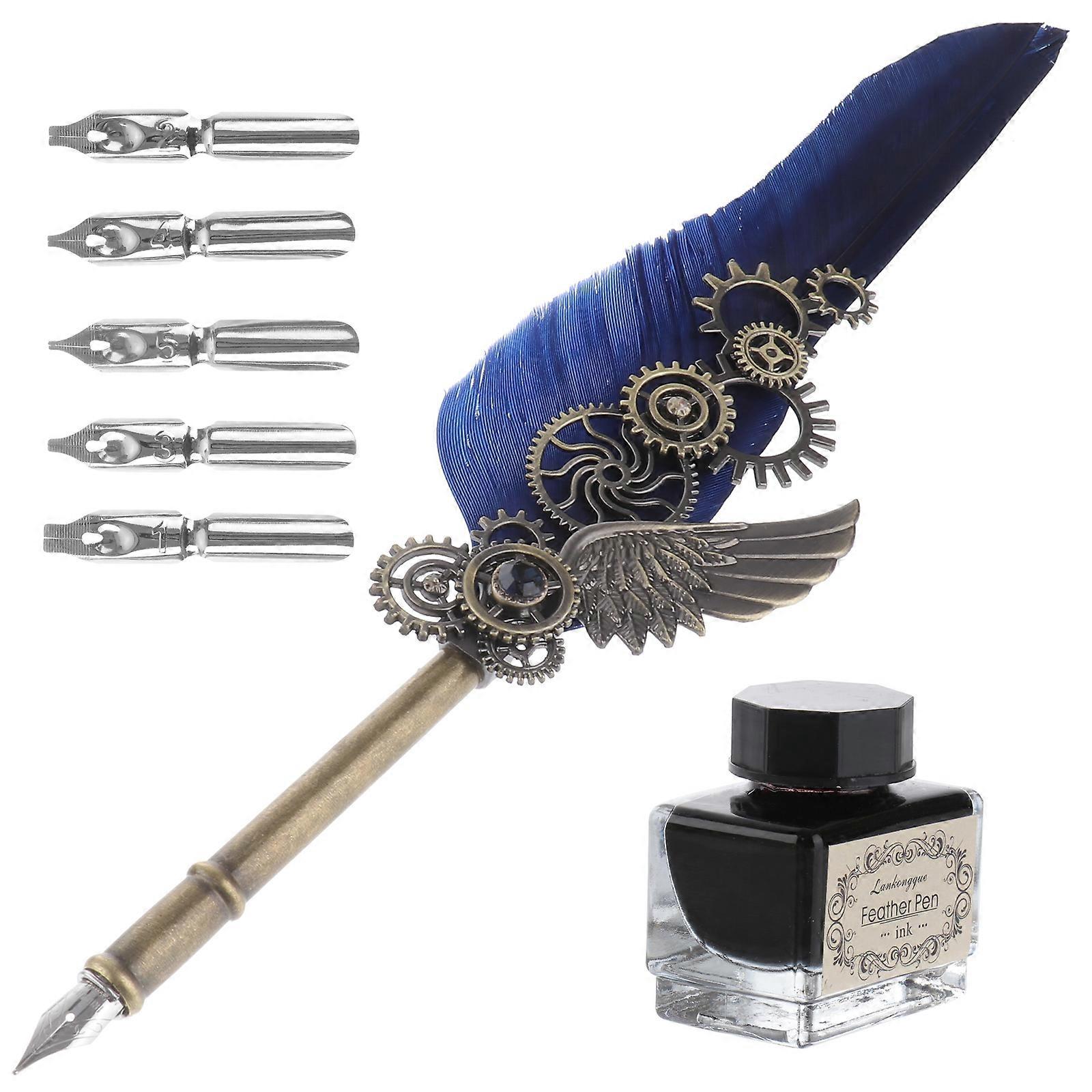 Vintage Dip Pen Set For Daily Writing 6x24cm Blue Color Copper And Glass
