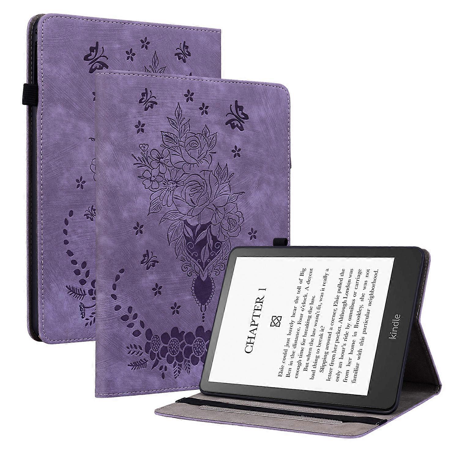 Για Amazon Kindle Paperwhite (2024) Δερμάτινη θήκη Θήκη Κάτοχος κάρτας Rose Flower E-Reader Cover Purple