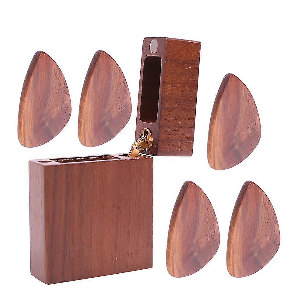 Compact Wooden Guitar Pick Holder Case with Premium Picks – Stylish Walnut Storage Box for Guitarists, Durable Plectrum Display for Easy Carrying