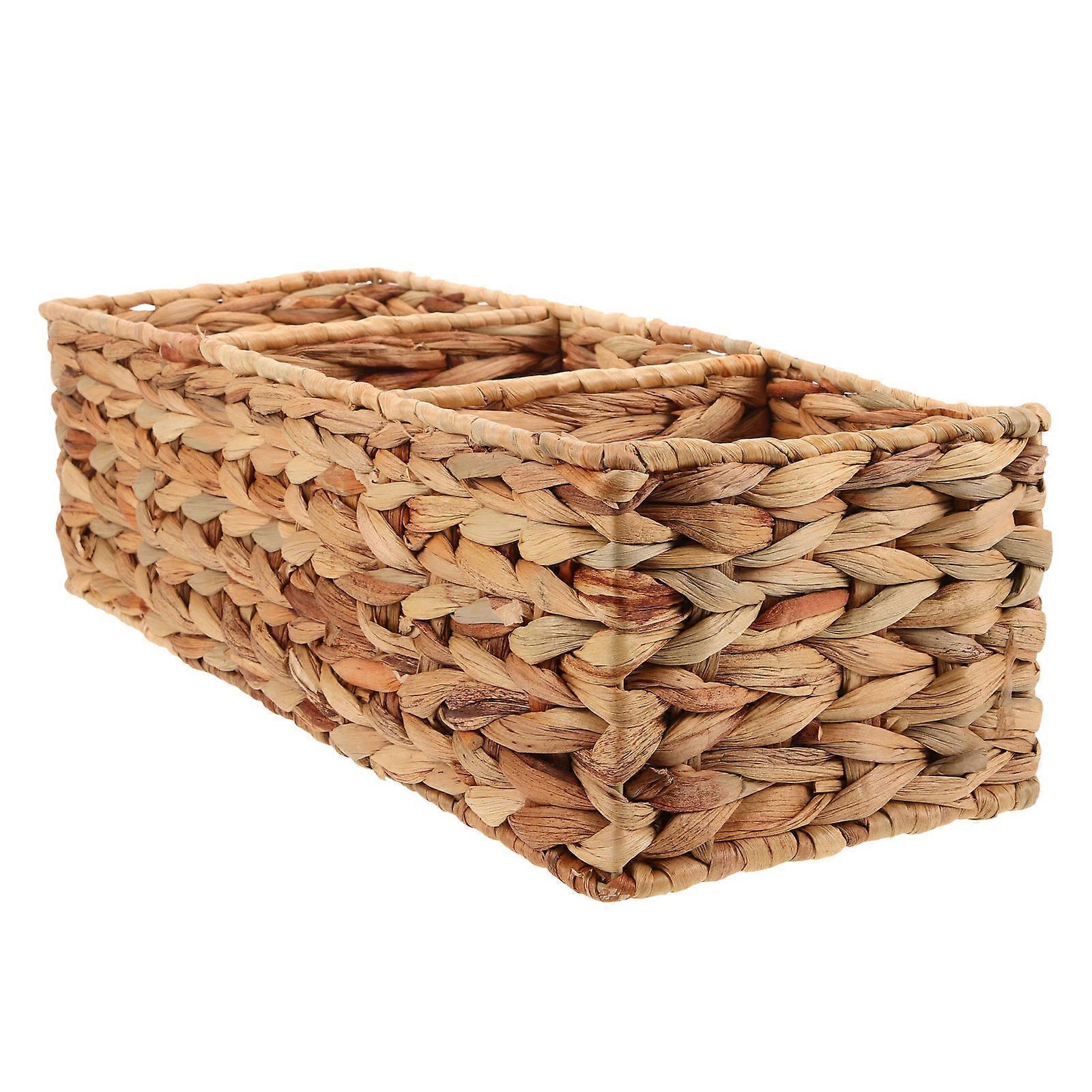 Straw Weave Storage Basket for Organized Home Supplies with 3 Compartments and Handles Light Yellow