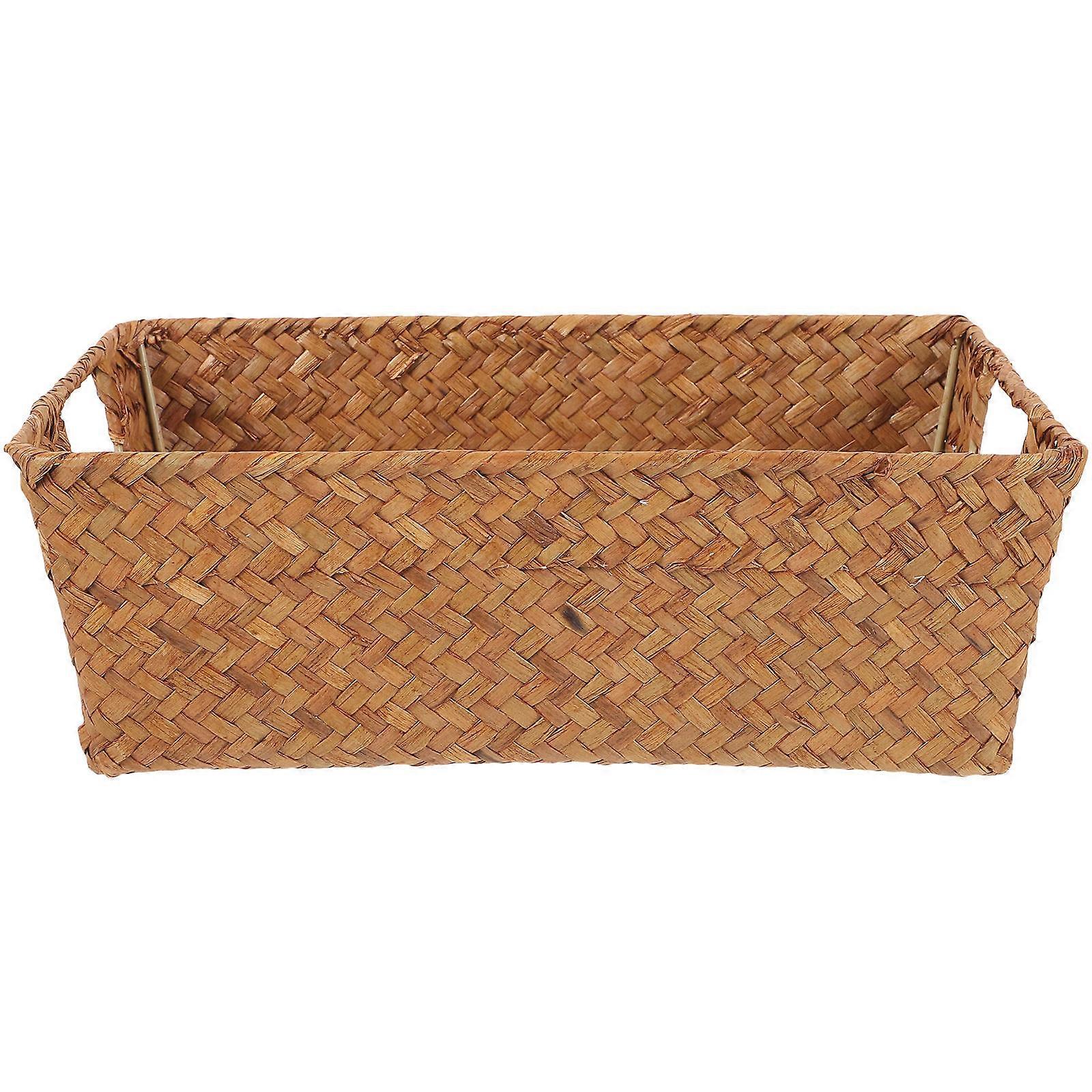 Khaki Woven Storage Basket for Desk and Shelf Made of Seagrass and Iron 1 Piece
