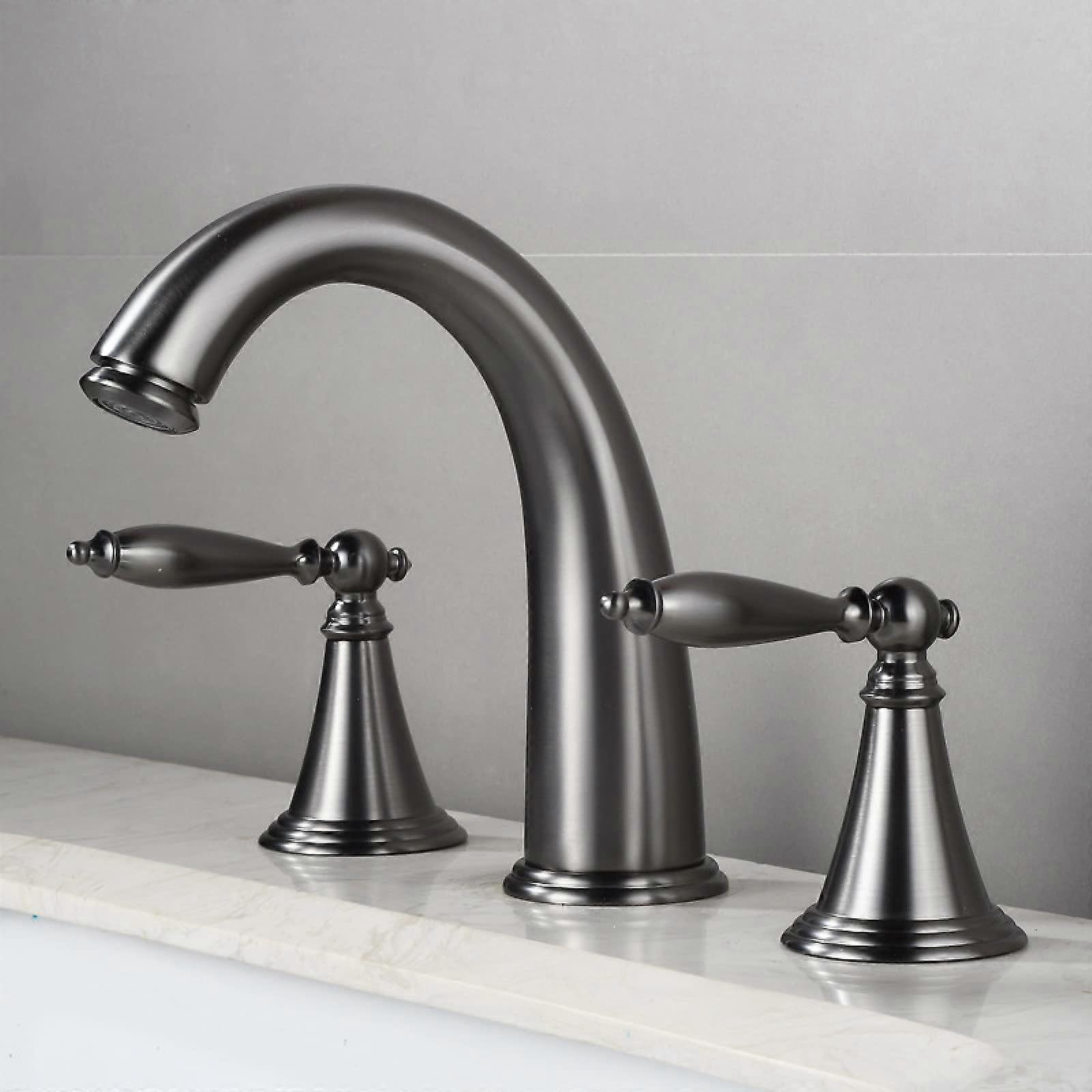 Messing Bathroom Vanity Faucet Hot and Cold Basin Mixer with 2 Handles for 3 Hole Sink Gold Finish Gun Gray