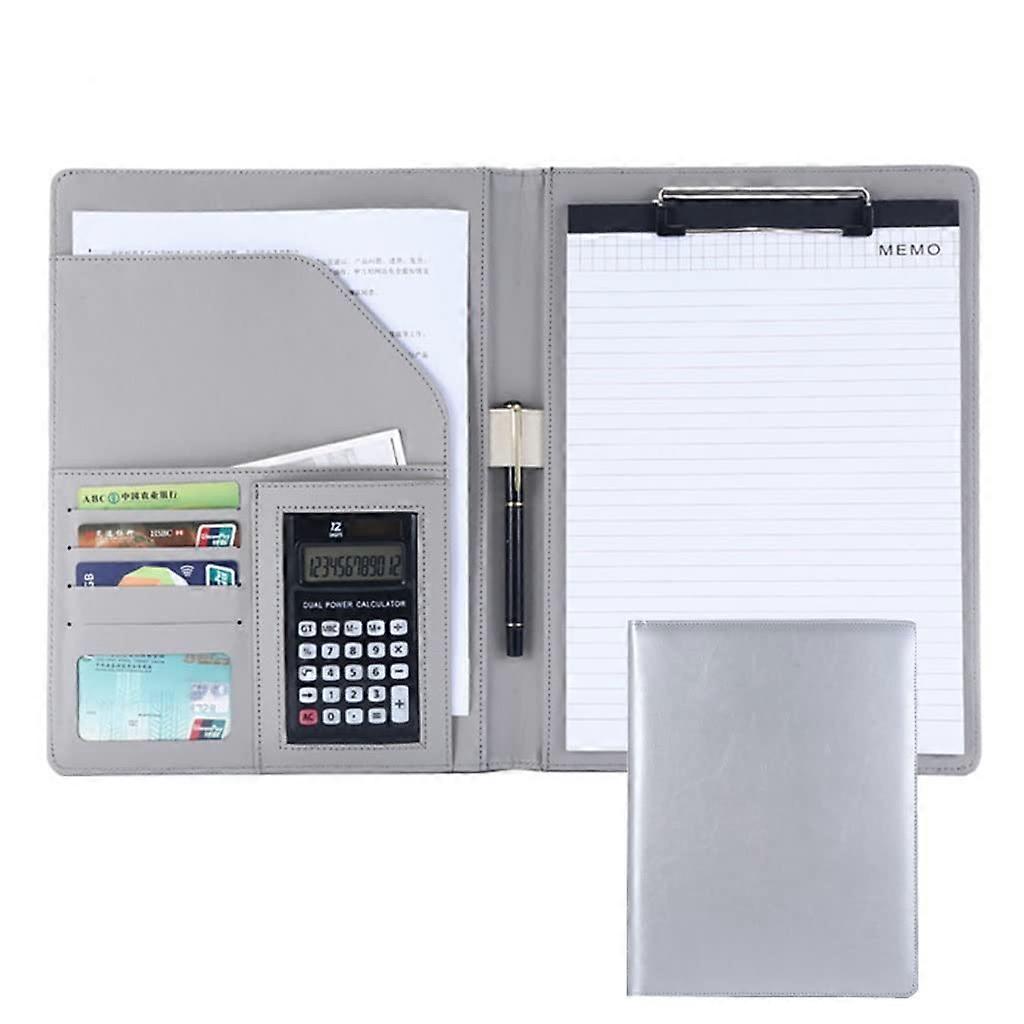 Padfolio A4 PU Leather Writing Pad Holder With Interview Storage And Meetings Light Gray 12 Digit Calculator
