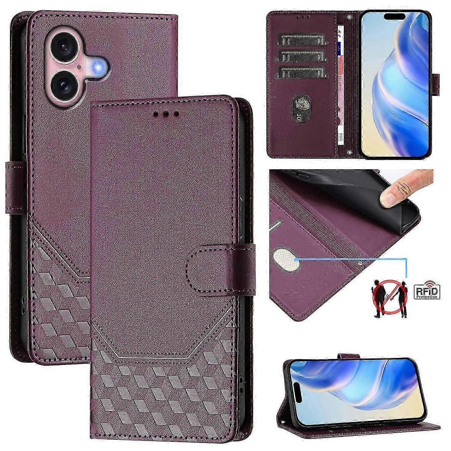 For iPhone 16 Case Imprinted Honeycomb RFID Blocking Leather Phone Cover with Strap-Black