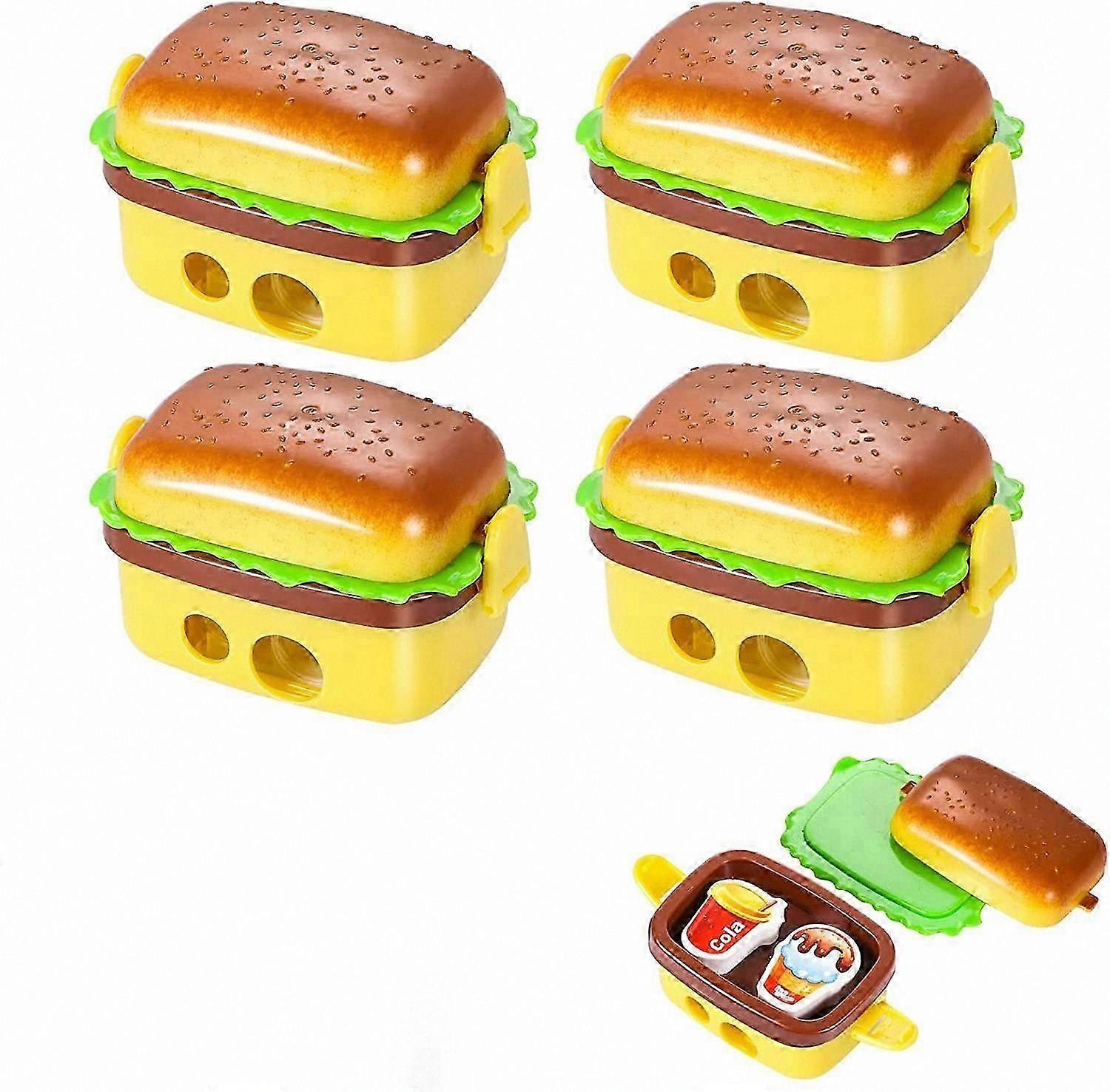 4-Pack Novelty Burger-Shaped Pencil Sharpeners, Compact Dual-Hole Manual Sharpeners with Eraser and Lid, Fun Portable Design for Students