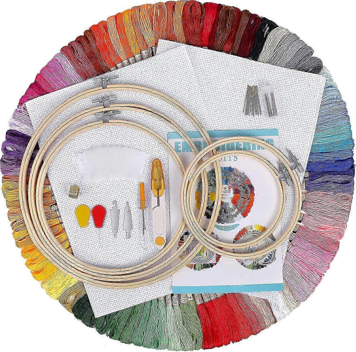Embroidery Starter Kit & Cross Stitch Tool Kit - Complete Set with 100 Color Threads & 5 Bamboo Hoops for Beginners