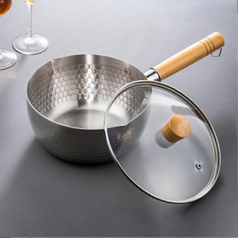 20cm Stainless Steel Flat Saucepan Japanese Style NonStick with Wooden Handle for Induction Cookers Steaming, Cooking and Sauting (20cm with Cover)