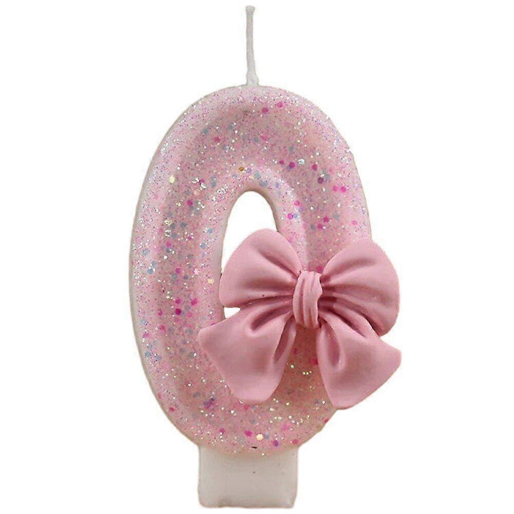 Birthday Number Candles, Pink Bow Cake Topper with Sequins Glitter (0) Style2