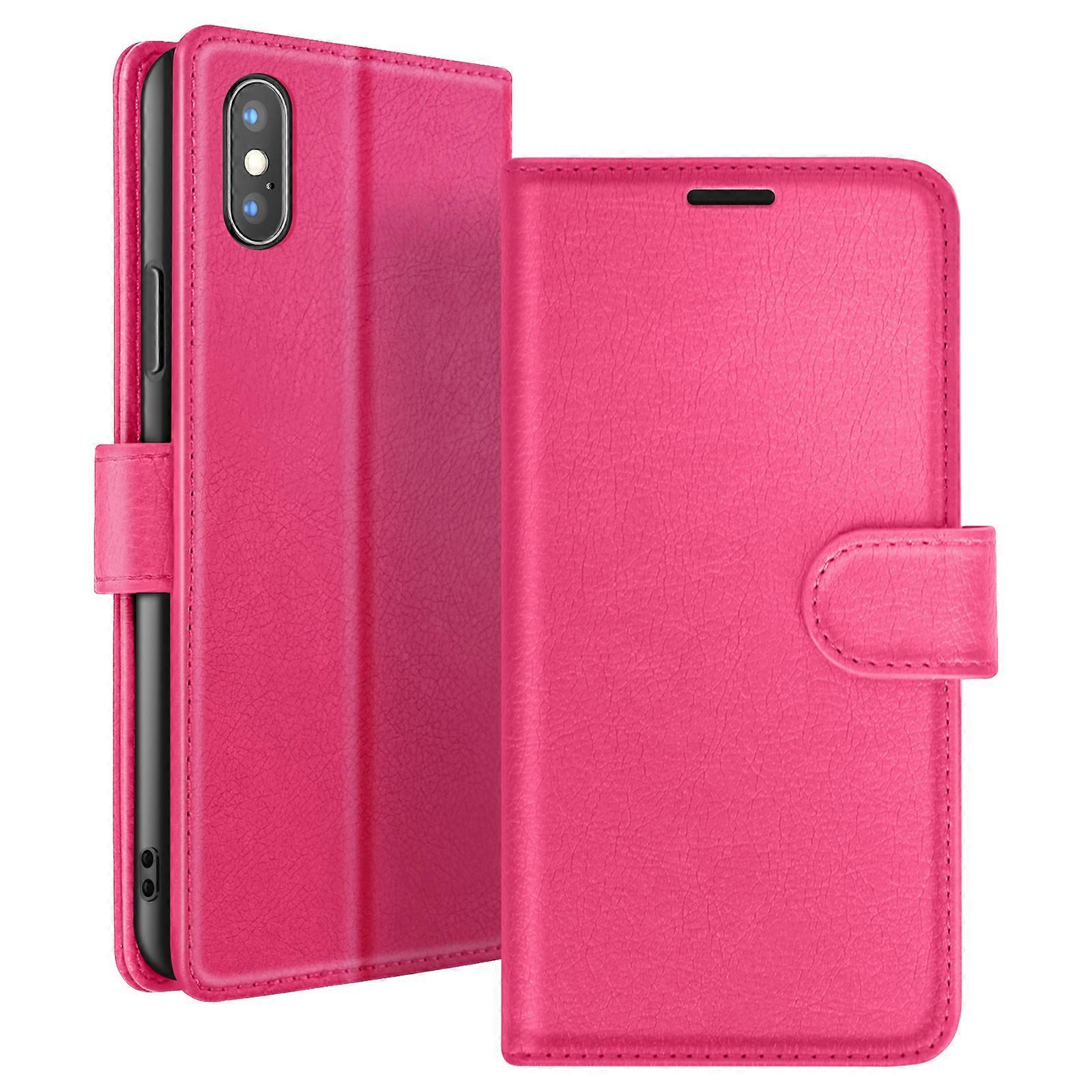 Wallet Case for iPhone X / XS with Stand Function and Magnetic Tab, Fuschia