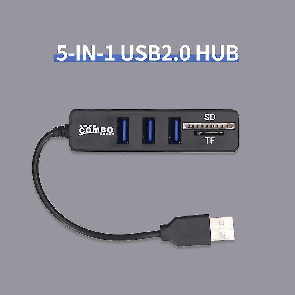 5-in-1 Multifunctional USB2.0 Hub Converter with TF SD Card Slots Support USB Fan Mouse Keyboard Mobile Hard Disk U Disk Black