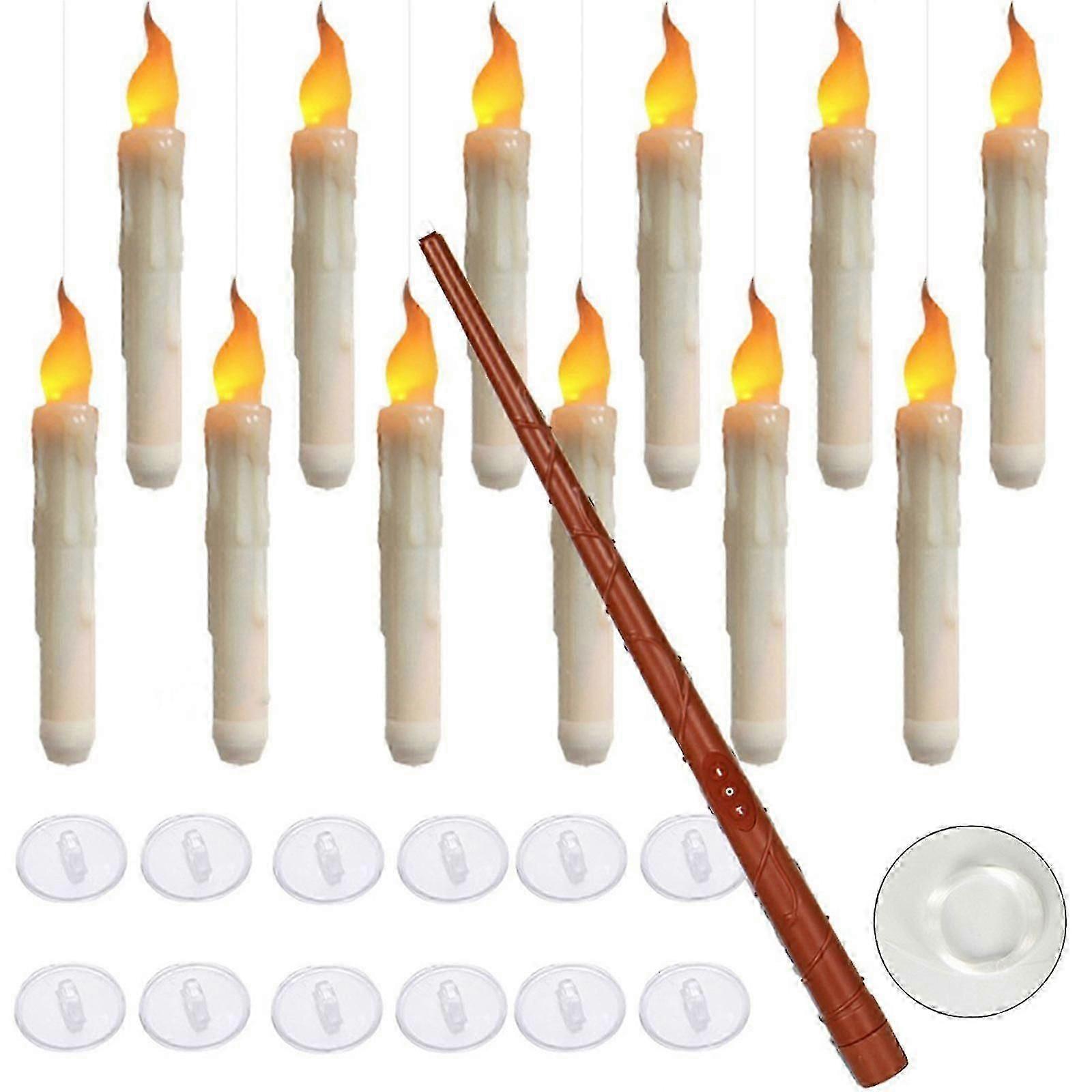 Floating Candles With Wand Remote Control, 12 Pack Led Flameless Flickering Stick Candles Battery Operated Harry Potter Floating Candles For Halloween