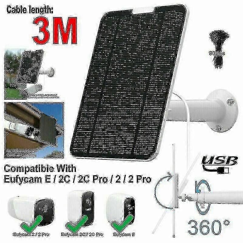 Solar Panel For Eufycam 2/2c/2c Pro/e/2 Pro 4w Mount Bracket 13ft Cable Black