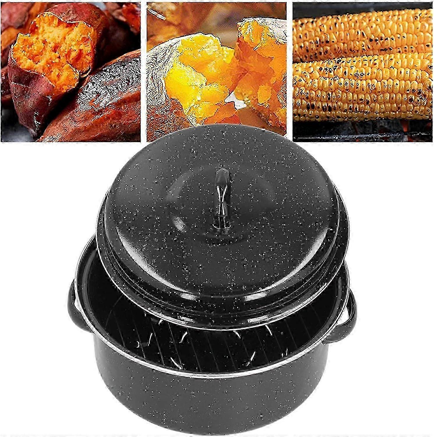 Assadeira de Esmalte Oval com Tampa e Rack para Churrasco, Batatas Doces Assadas, Compatível com Fornos a Gás e Elétricos
