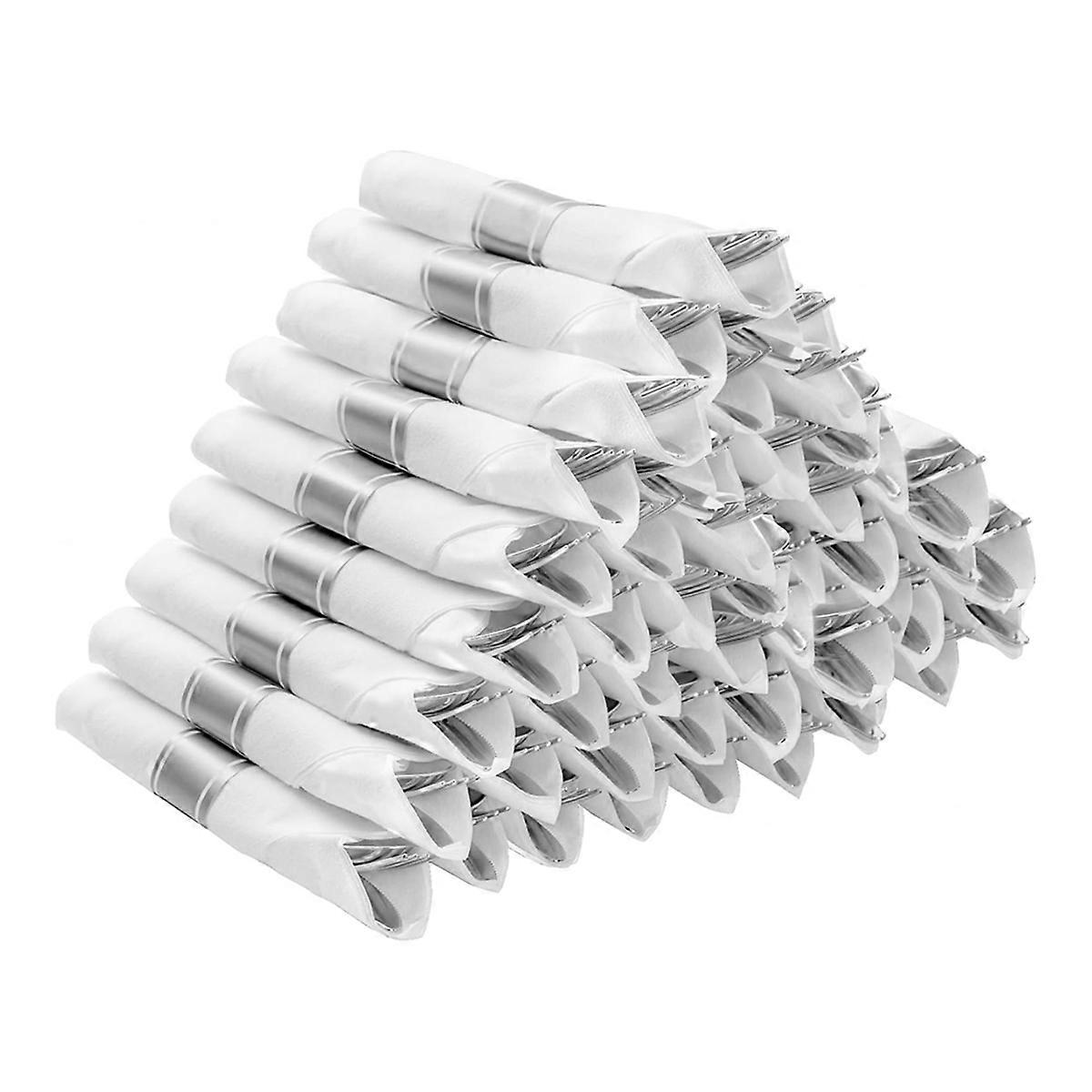 Pre Rolled Napkins with Silver Cutlery Set for Party,Silver