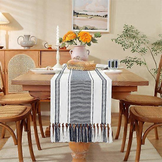 Bohemian Cotton and Linen Table Runner with Tassels - 35x228cm Simple Thick Checked Woven Tablecloth - Everyday Tablecloth - Soft and Durable - Washa