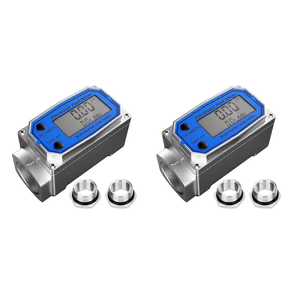 2 Set 1 Inch Flow Meter with 3/4 Inch Adapters, Digital Turbine Flow Meter 2.5-31 GPM Inline NPT Thr