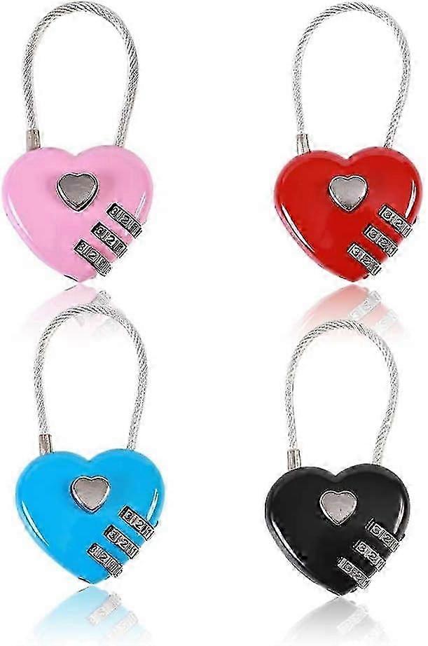 4pcs Heart Padlock, Combination Lock Mini Code Lock Wire Rope 3-Digit Code Combination Padlock Couple Padlock Resettable Password Luggage Lock  Box