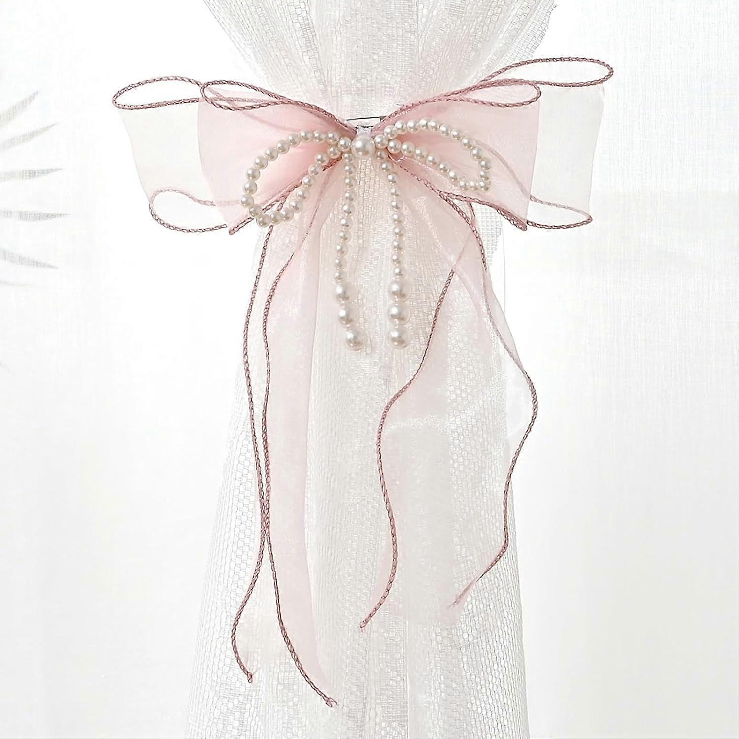 4 Pack Bowknot Curtain Tiebacks with Pearls, Lace Butterfly Drapery Holdbacks Compatible with Pink Decorative Curtains