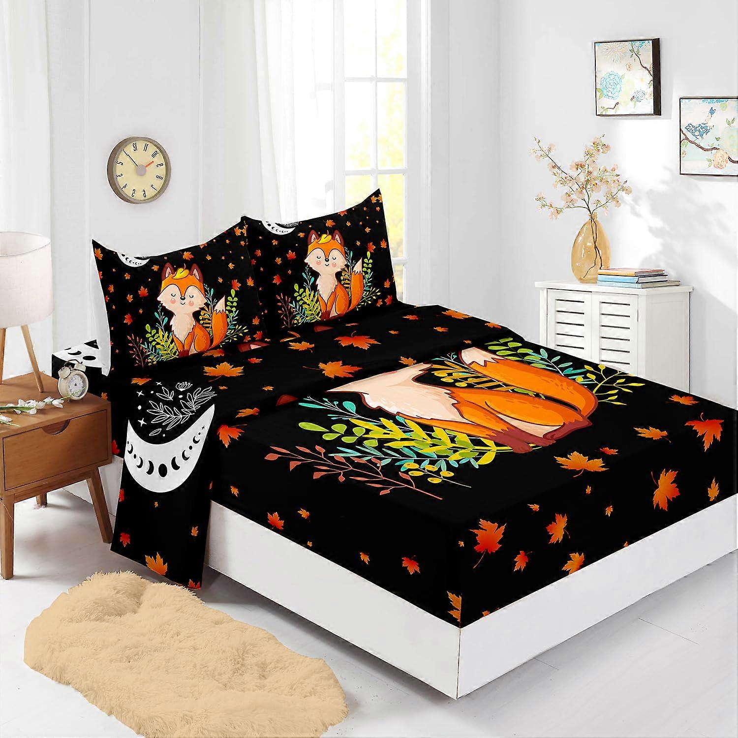 Fitted Sheet Fox Pattern Deep Pockets Cartoon Fox Kid Bed Sheet Set 4Pcs Fitted Flat 2 Pillowcases Moon Leaves