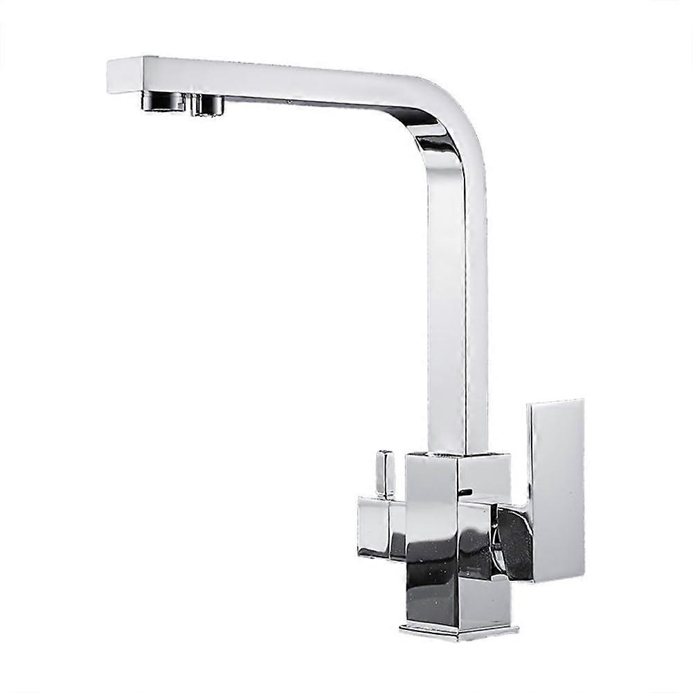 3 Way Kitchen Tap with Water Filter, Brass Dual Lever 360° Swivel Mixer Faucet for Sink, Chrome