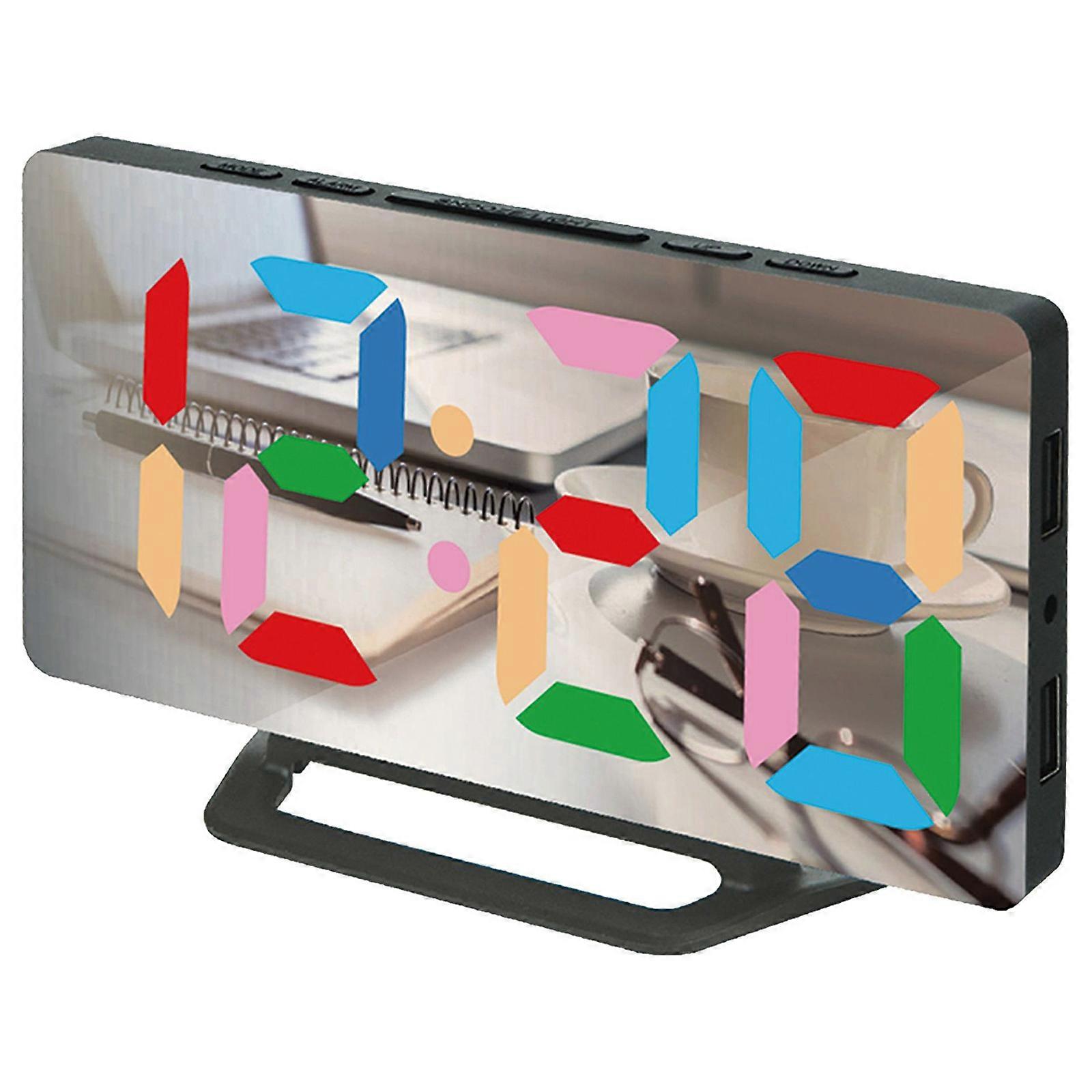 Fashion Colorful LED Digital Alarm Clock with 3 Brightness USB Port Snoozes Function Mirrored Table Clock for Bedroom Multicolor