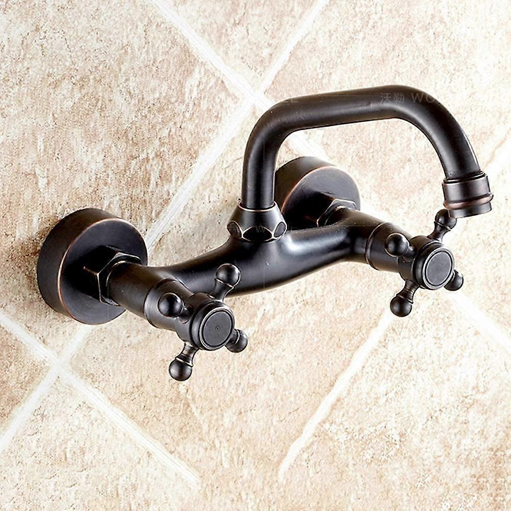 Kitchen Faucet Wall Mounted Double Handle Brass Pull Out Tap for Hot & Cold Water Retro Style