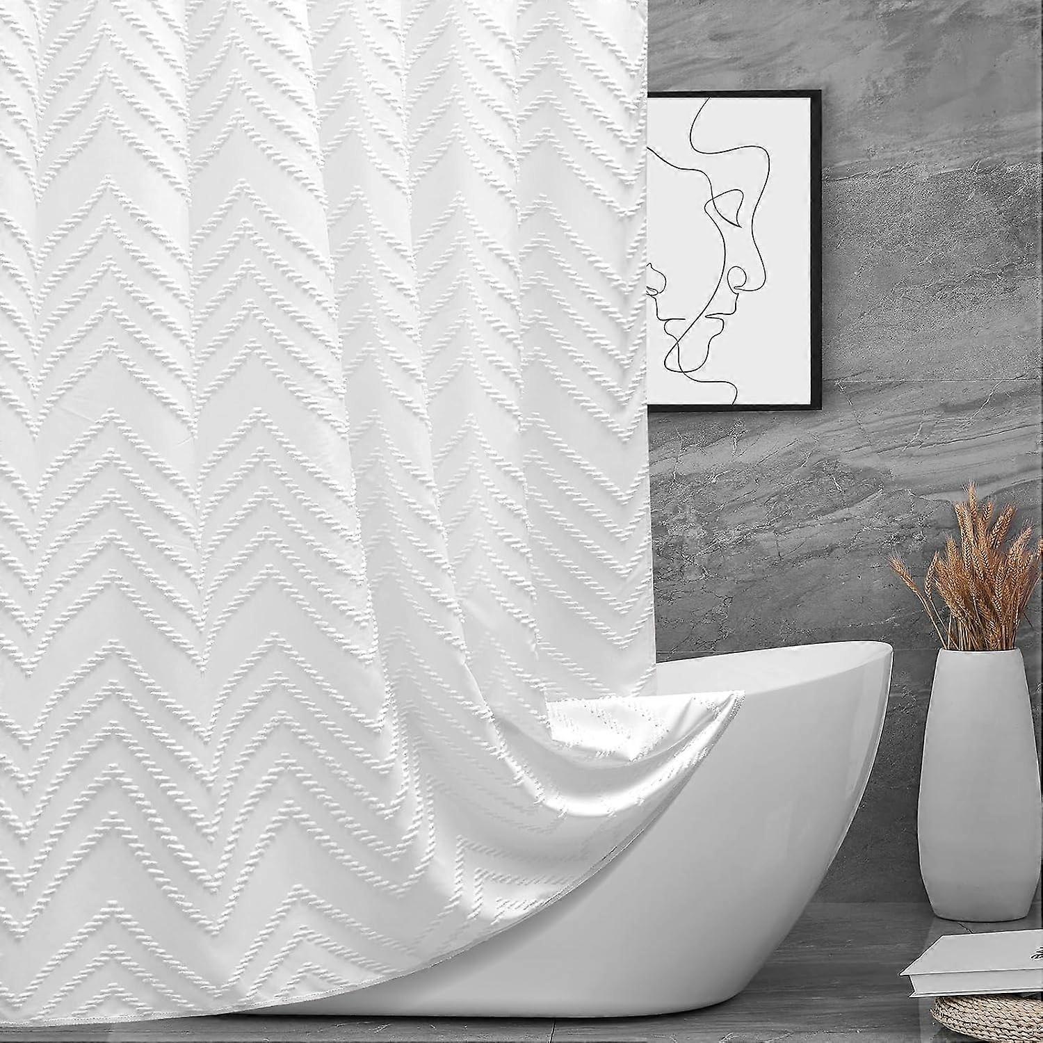 White Boho Fabric Shower Curtain 72x72 Waterproof Tufted Chevron Design with 12 Hooks