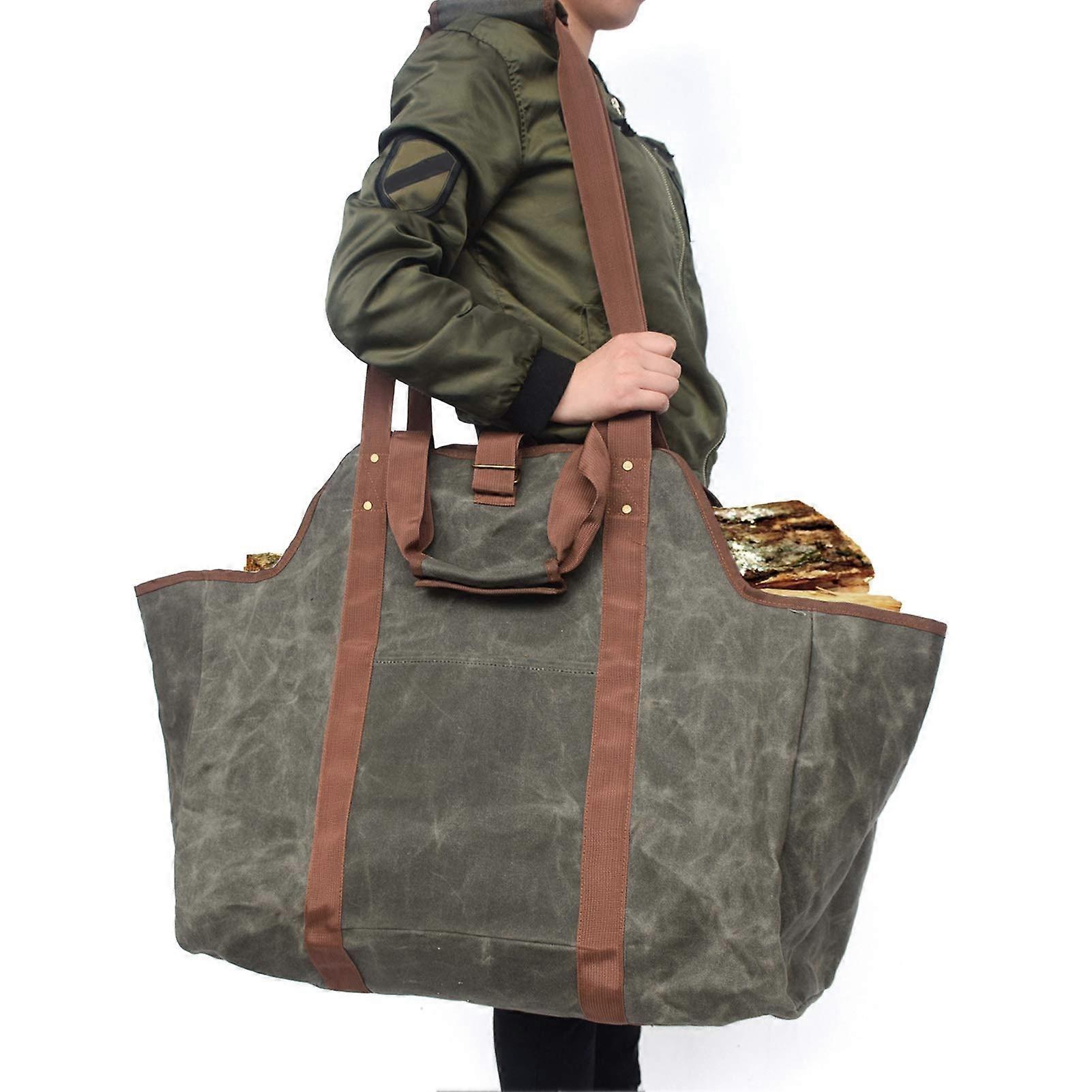 Waterproof Waxed Canvas Firewood Carrier Tote Bag with Heavy Duty Handles for Indoor Fireplace and Outdoor Camping