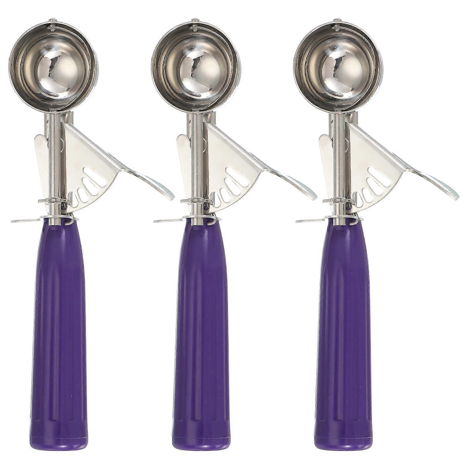 3 Pcs Stainless Steel Ice Cream Scoop Set with Trigger, Ergonomic Cookie Dough Scoops, Purple