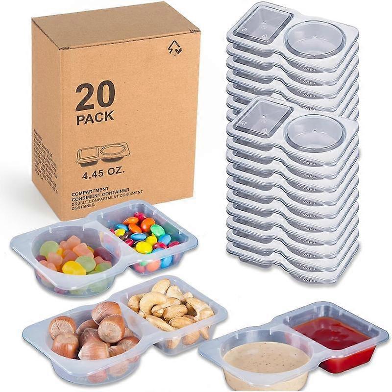 20 Sets Condiment Container with Lid, Disposable Double Compartment Plastic Container for Sauce Snack