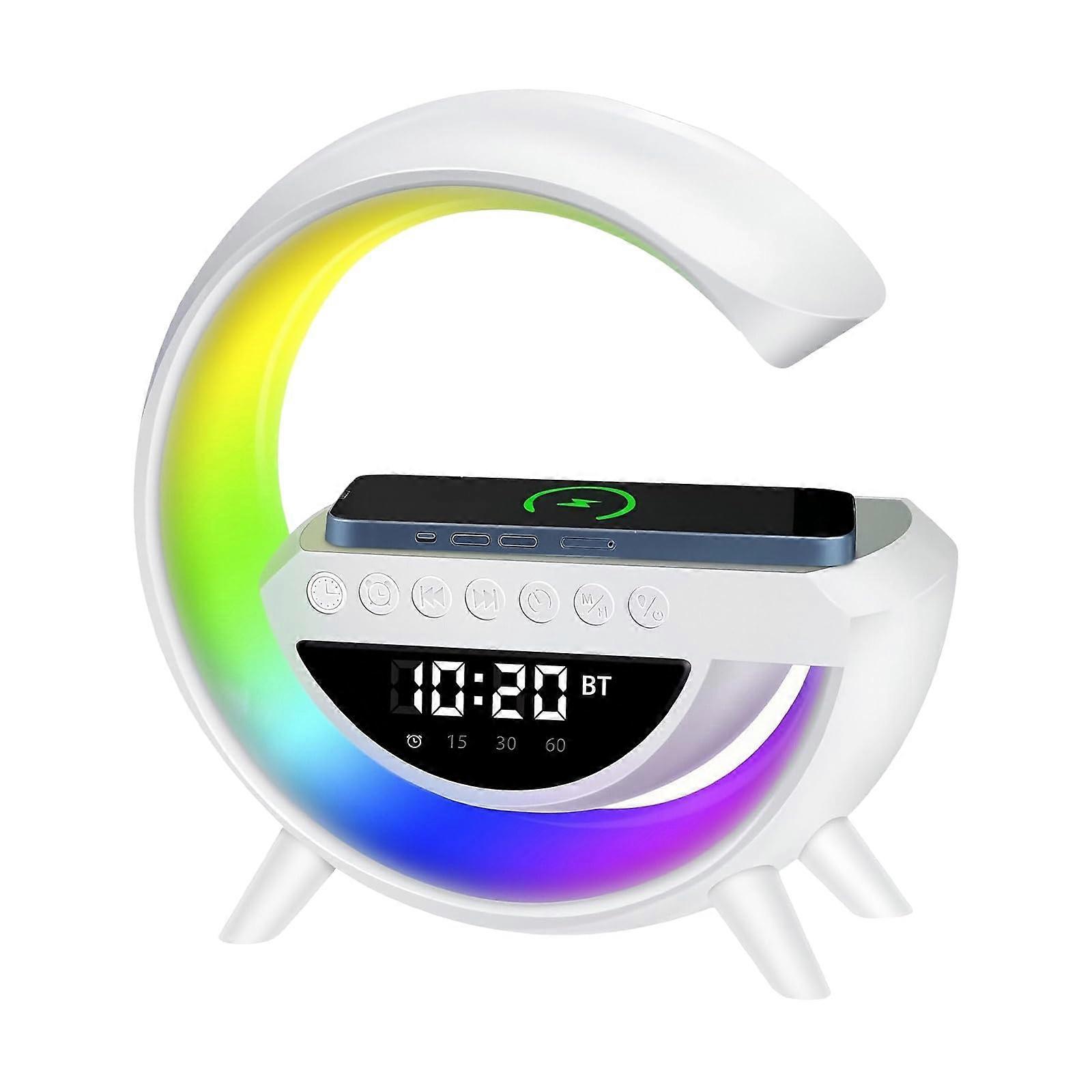 GShaped Wireless Charging Alarm Clock Speaker, 15W Fast Charge Bluetooth 5.2, RGB LED Night Light with FM Radio