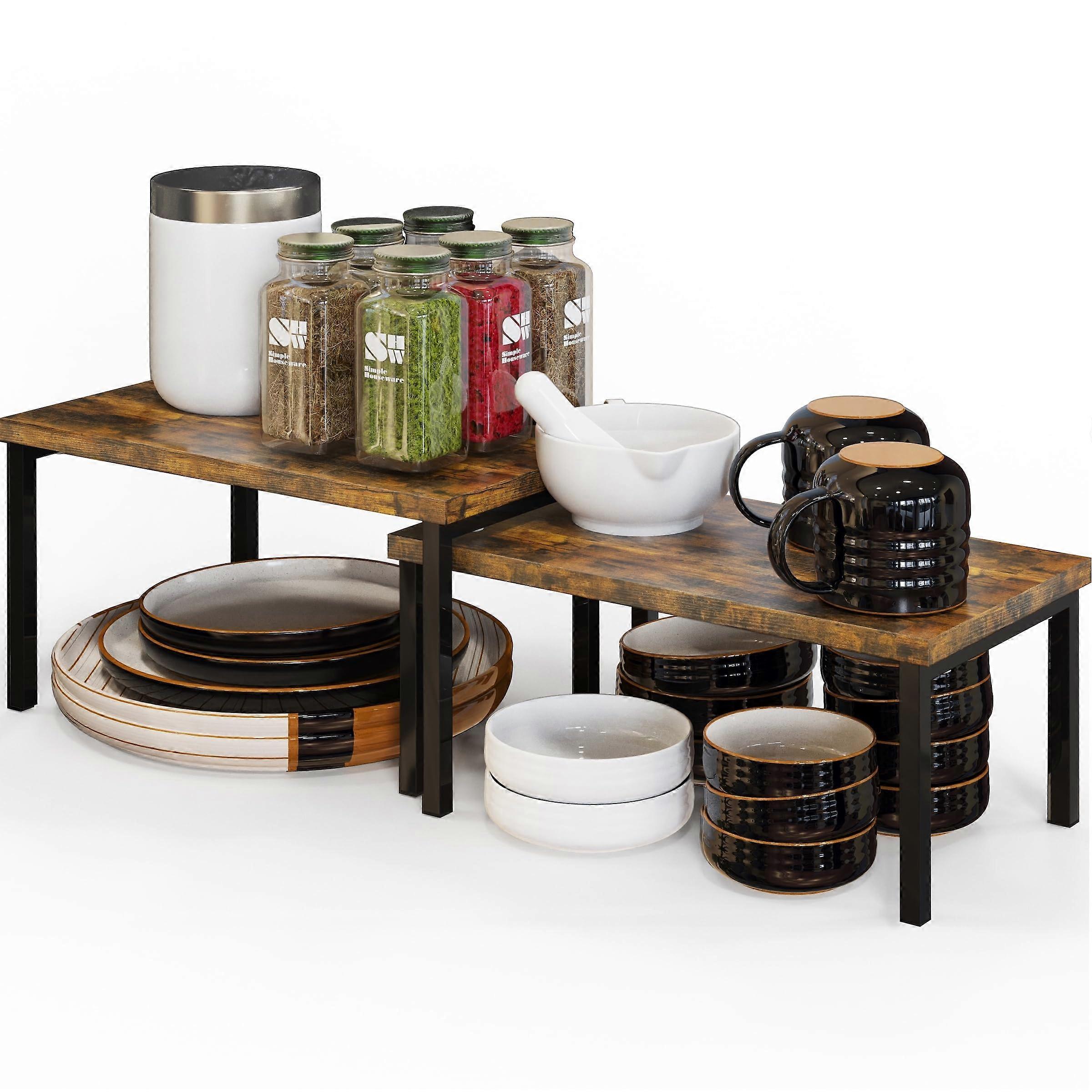 Wooden  Expandable Stackable Kitchen Cabinet Organizer with Rustic Brown Counter Shelf